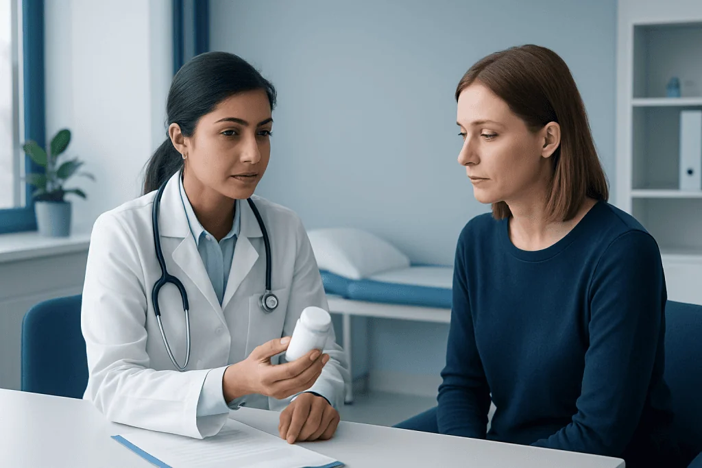 Doctor explaining medication to a patient in a clinic setting.