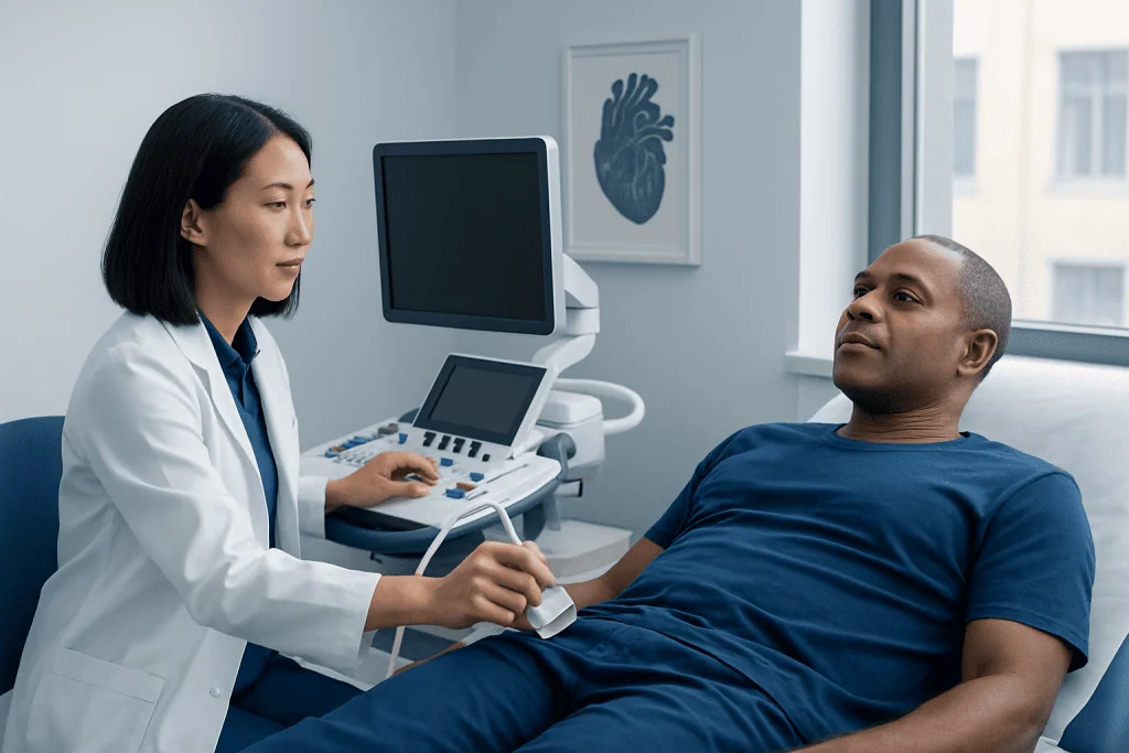 Doctor performing an echocardiogram on a patient in a hospital room.