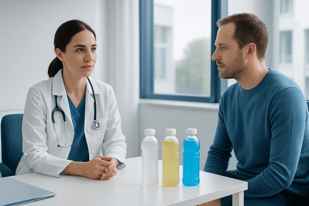 Doctor explaining electrolyte drinks to a patient in a medical consultation.
