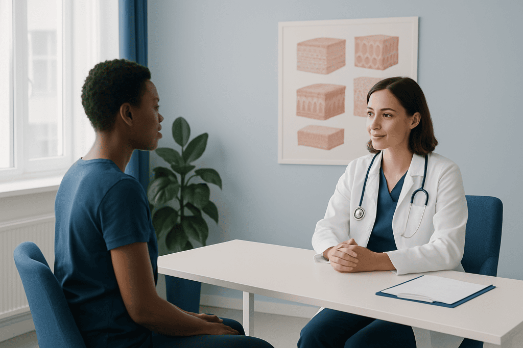 Doctor consulting patient in a medical office with tissue diagrams on the wall.