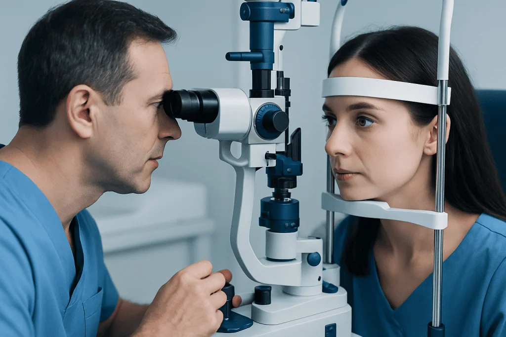 Ophthalmologist examining a patient's eye with slit lamp in clinic.