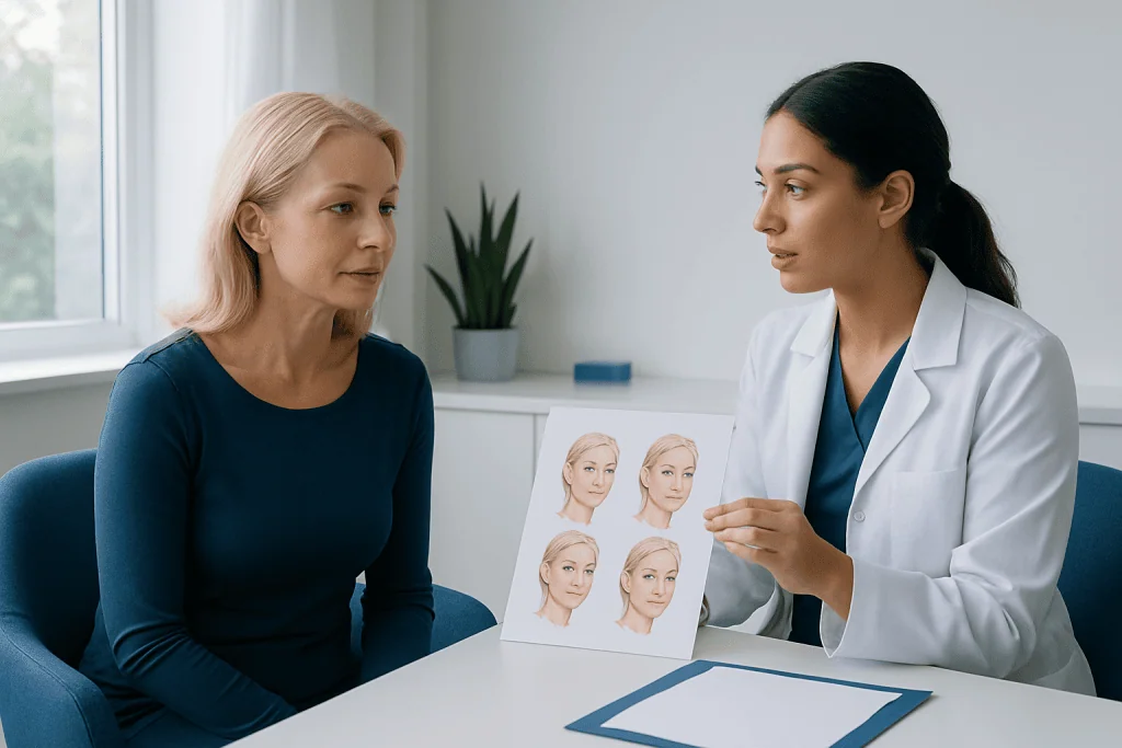 Consultation with a plastic surgeon about facial aging and facelift options.