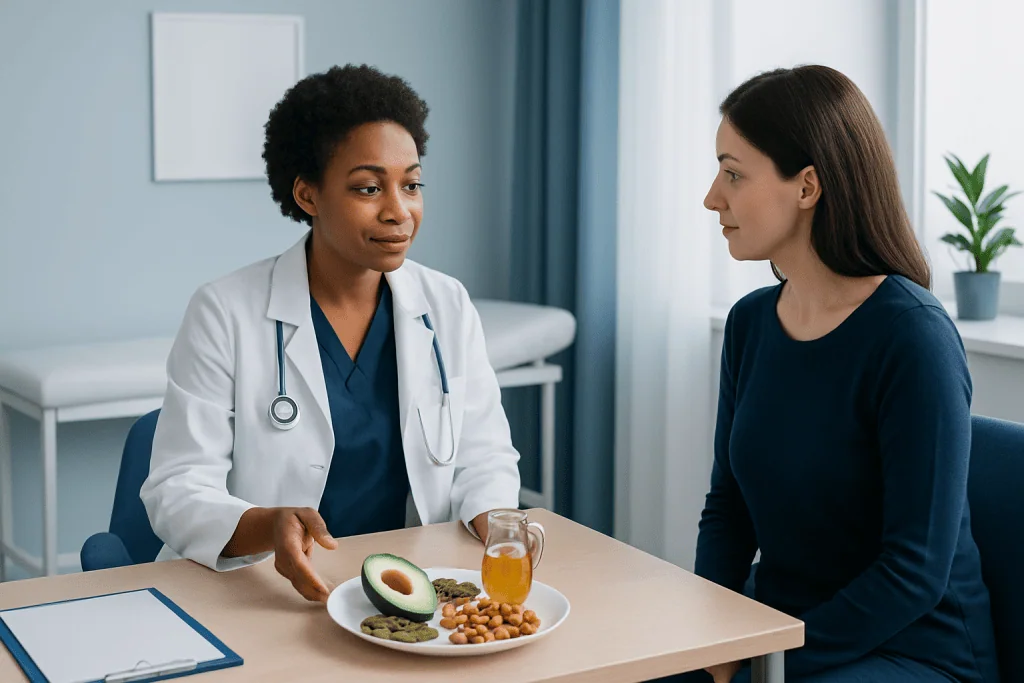 Doctor consulting with patient about healthy fats and nutrition.