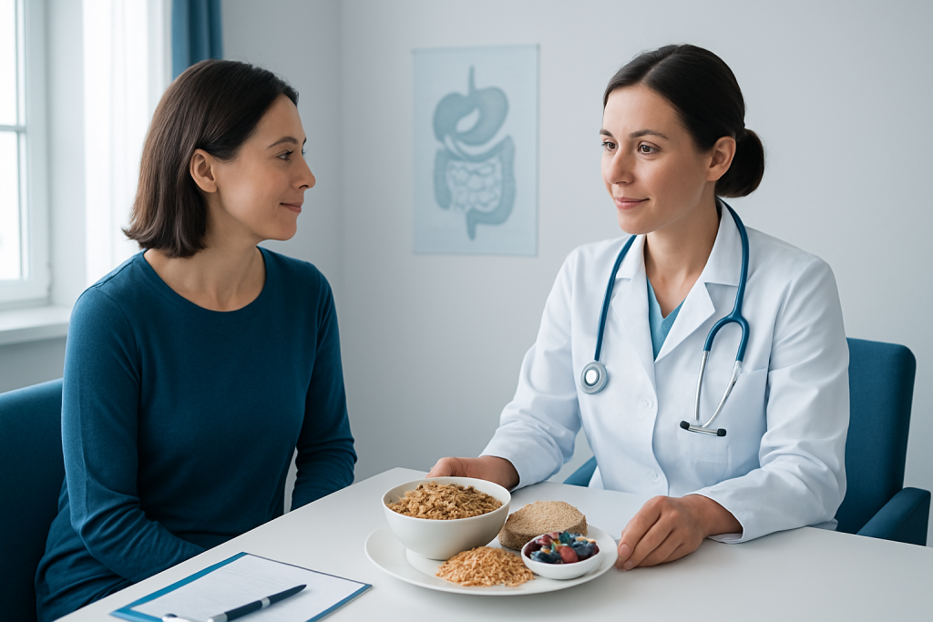 Doctor discussing high fiber foods with patient in a clinic setting.
