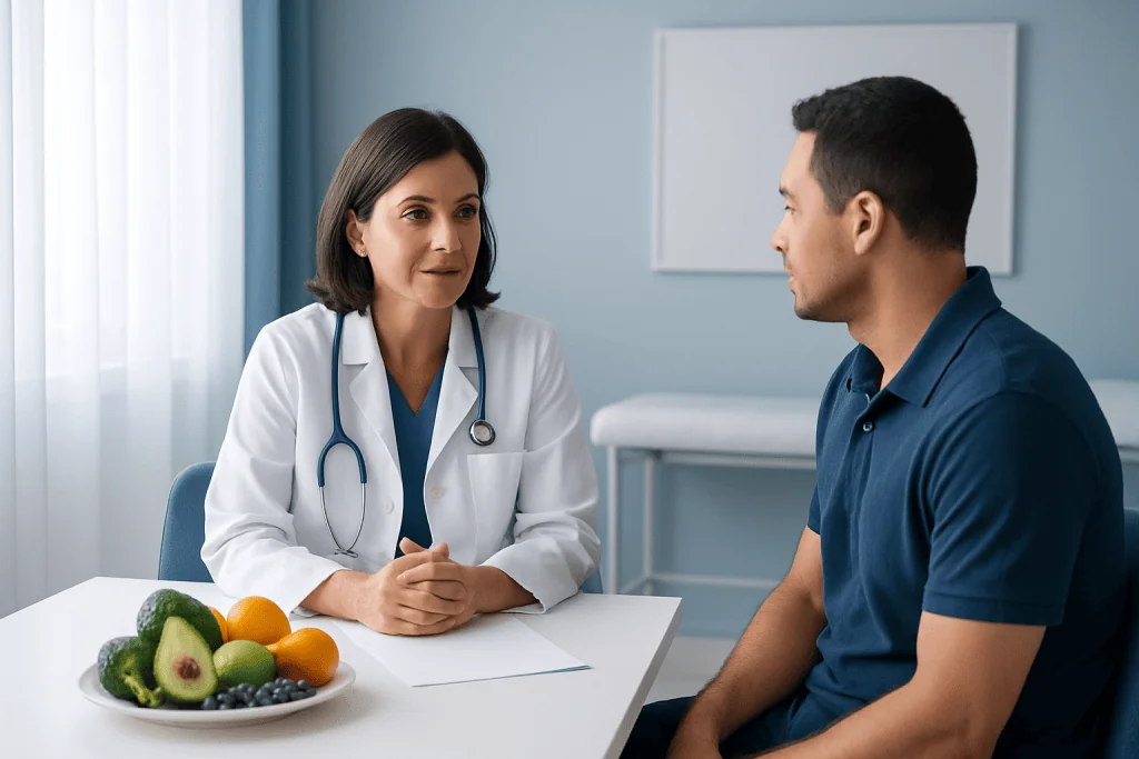 Doctor consulting patient in a medical office with fresh fruits on the table.