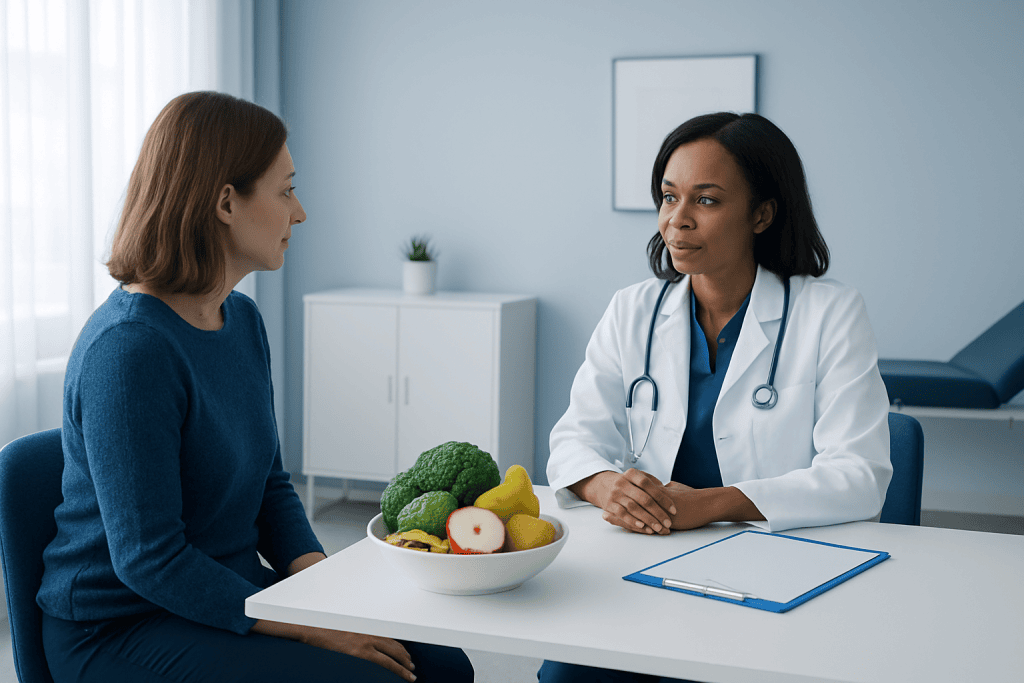 Doctor consulting with a patient about healthy diet and fiber intake.