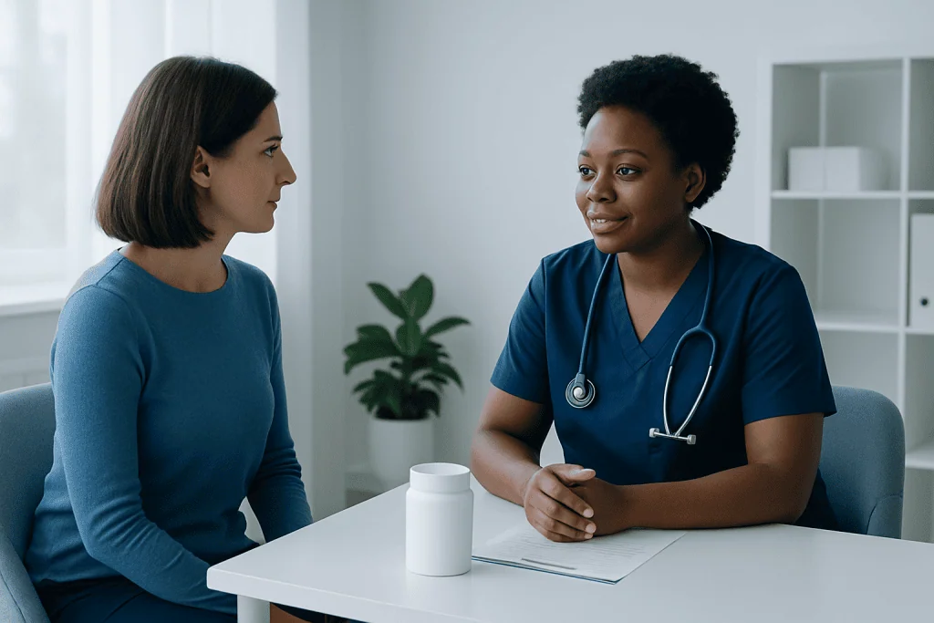 Doctor consulting with a patient in a modern medical office.