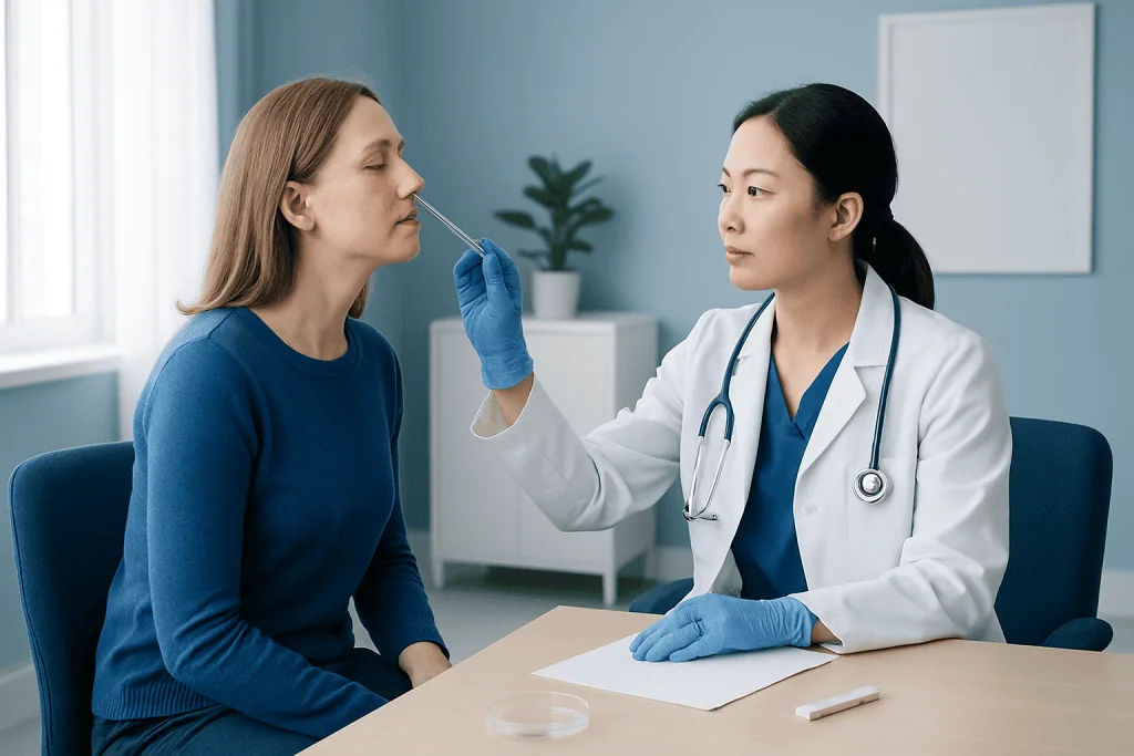 Doctor performing a nasal swab test on a patient in a clinical setting.