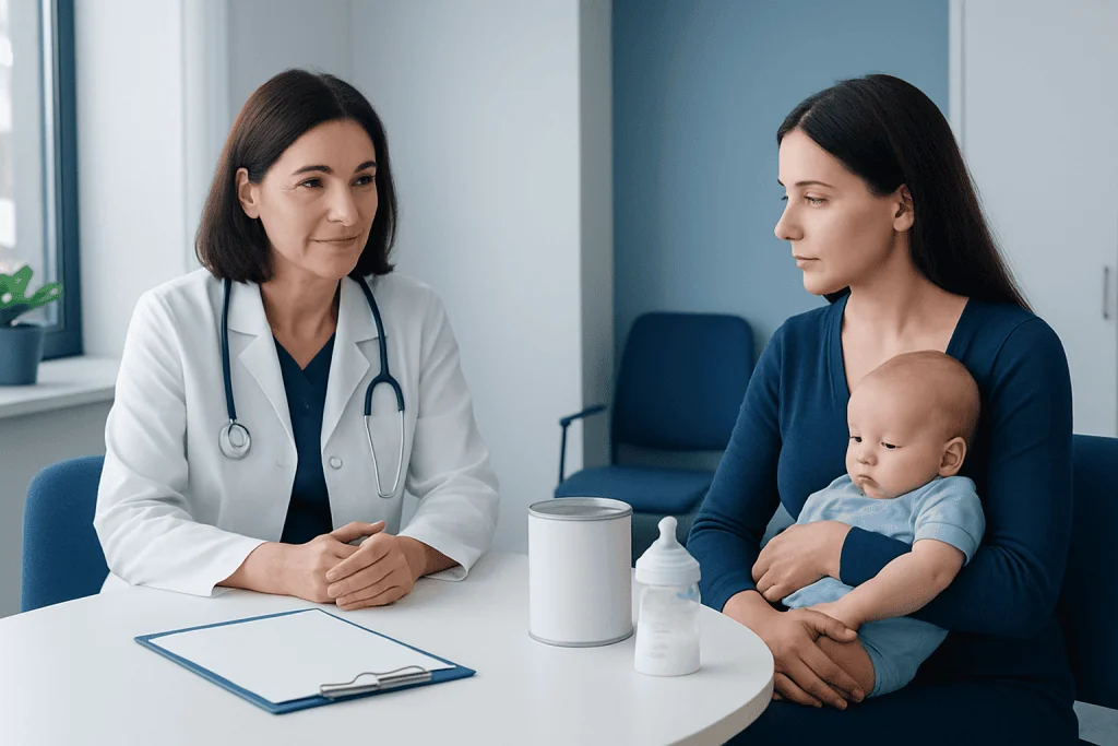 Doctor consulting mother and baby about reflux treatment options.
