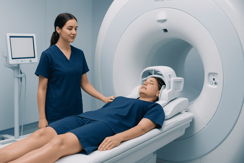 Patient undergoing MRI scan at Acibadem Hospital with medical staff present.