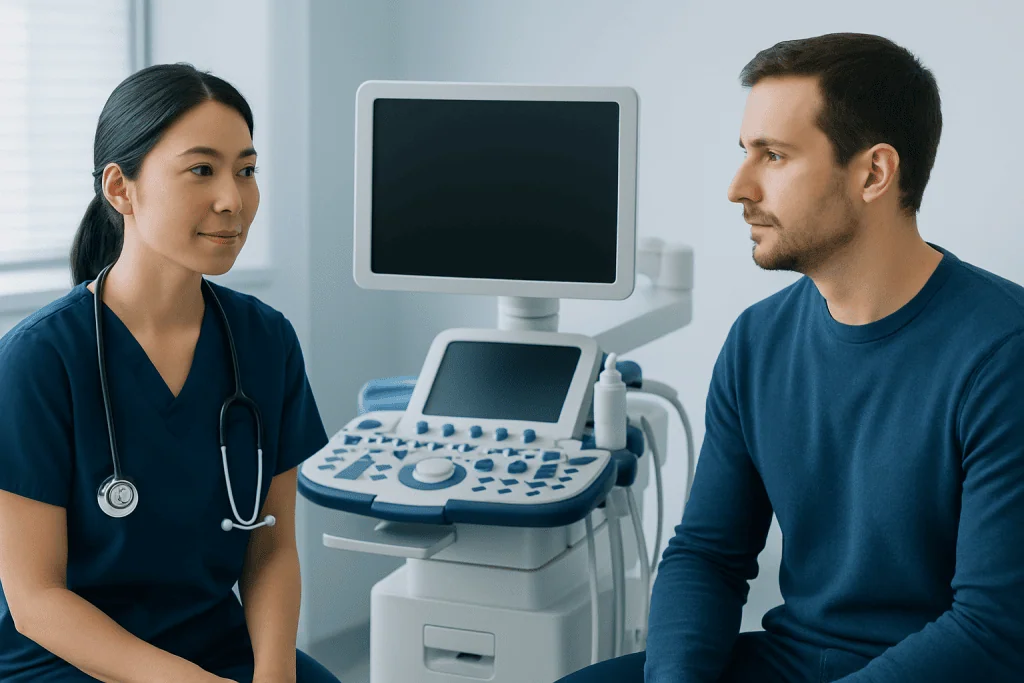 Doctor and patient in a medical consultation room with ultrasound equipment.