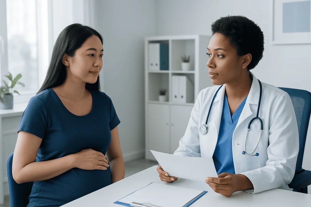 Doctor consulting with a pregnant woman in a medical office.