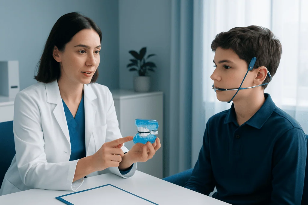 Orthodontist explaining headgear braces to a young patient in a clinic.