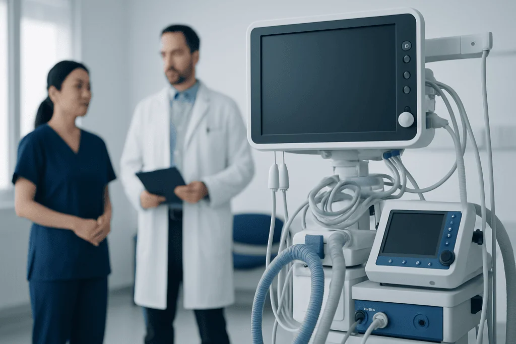 Medical ventilator machine in a hospital setting with healthcare professionals.