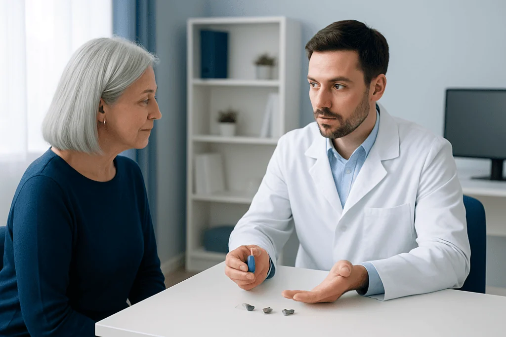 Doctor explaining medication to an elderly woman in a consultation room.