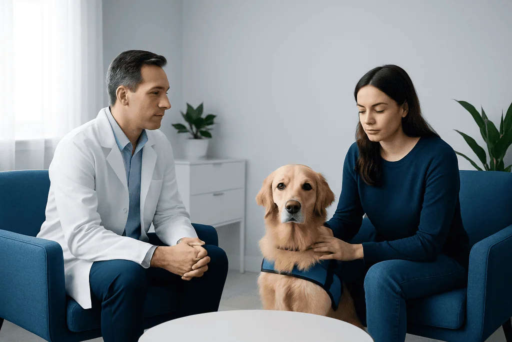 Doctor and patient with therapy dog in a consultation room.