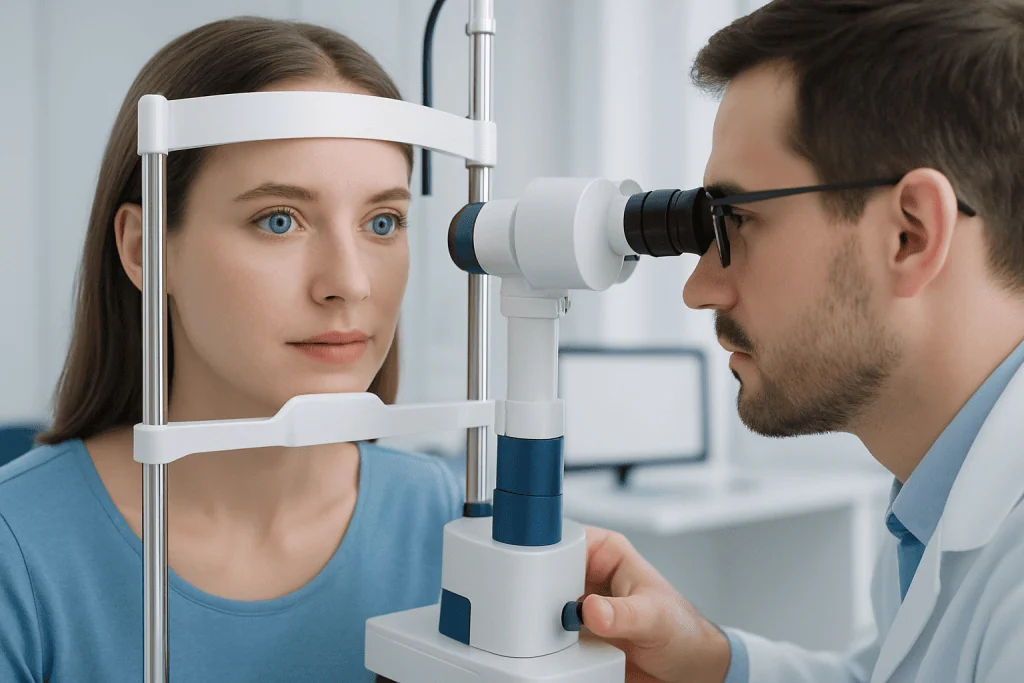 Ophthalmologist examining a young woman's eyes with a slit lamp.