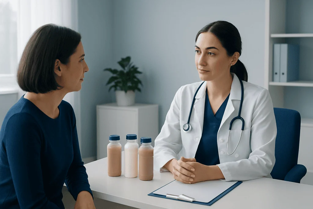 Doctor consulting with a patient about health in a modern clinic setting.