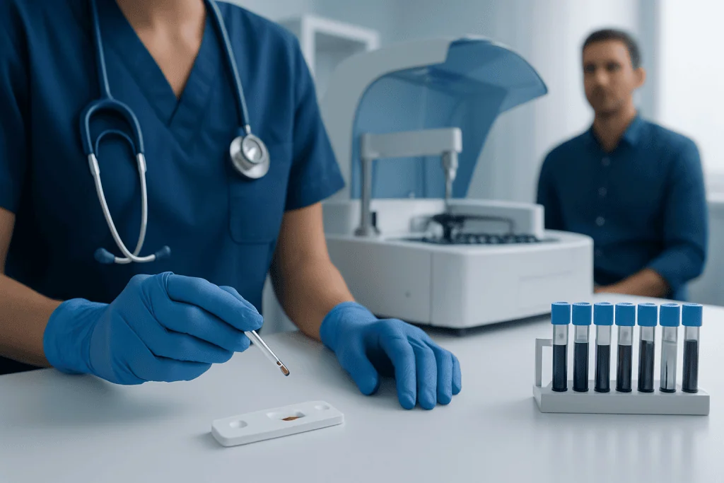 Healthcare professional performing HIV test with blood samples in a laboratory setting.