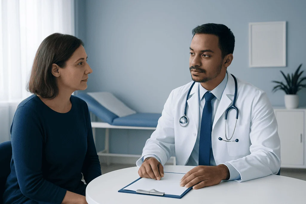 Doctor consulting with a female patient in a medical office.