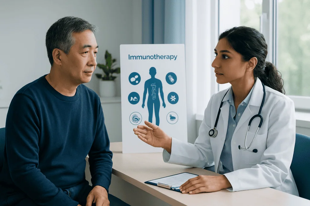 Doctor explaining immunotherapy to a patient in a hospital setting.