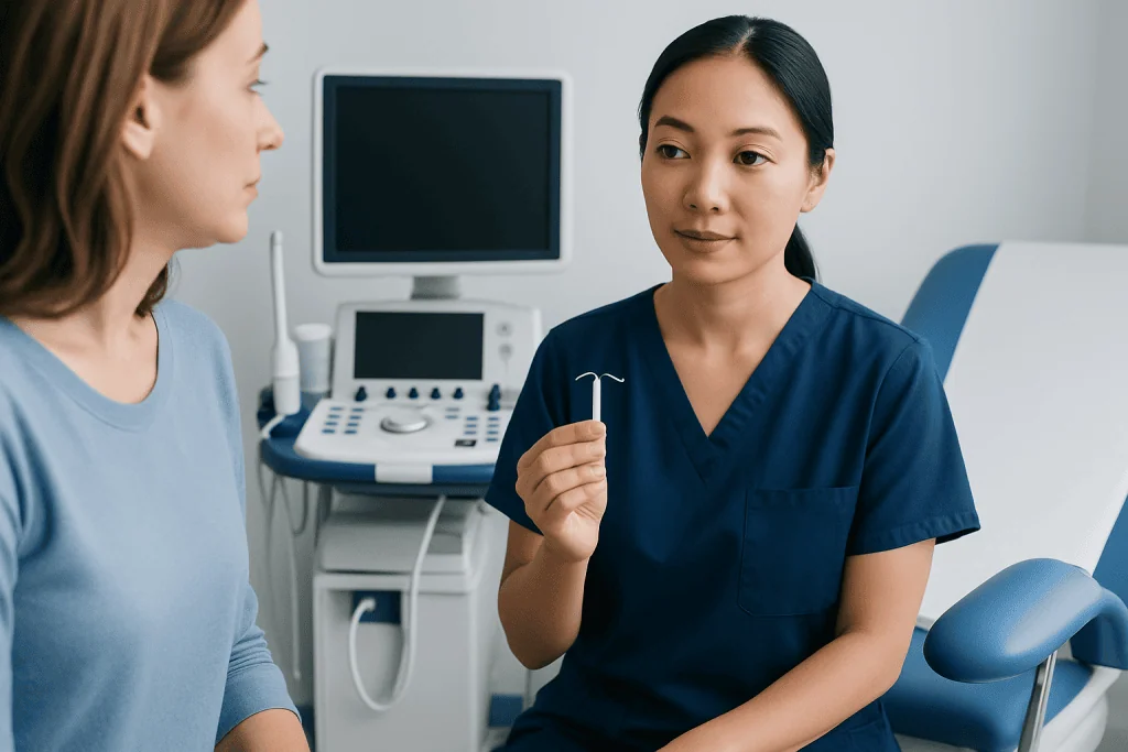 Doctor explaining intrauterine device (IUD) to patient in clinic.