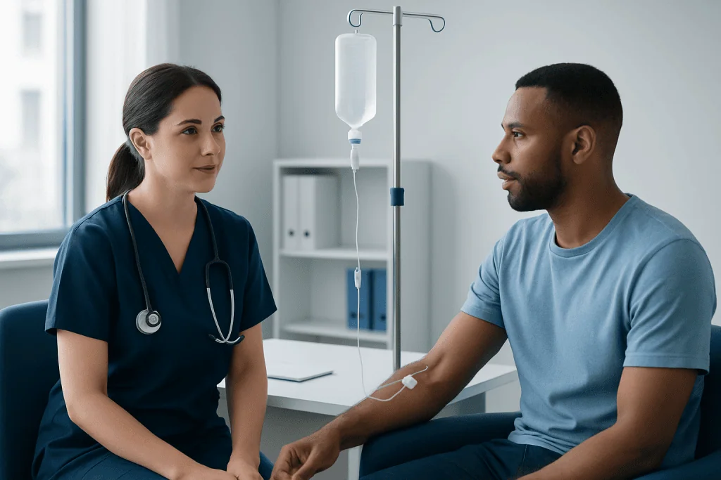 Medical consultation with a nurse and patient in a hospital room.