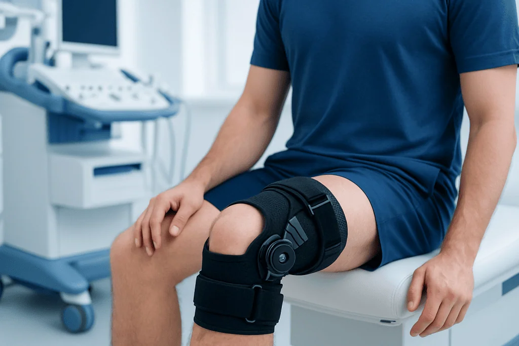 Patient with knee brace in a medical examination room.