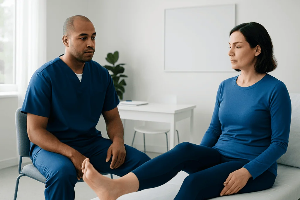 Medical consultation with a healthcare professional and a patient performing leg exercises.