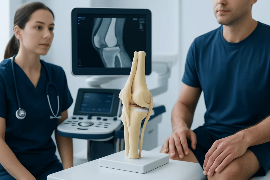 Knee joint examination with MRI scan and anatomical model at Acibadem Hospital.
