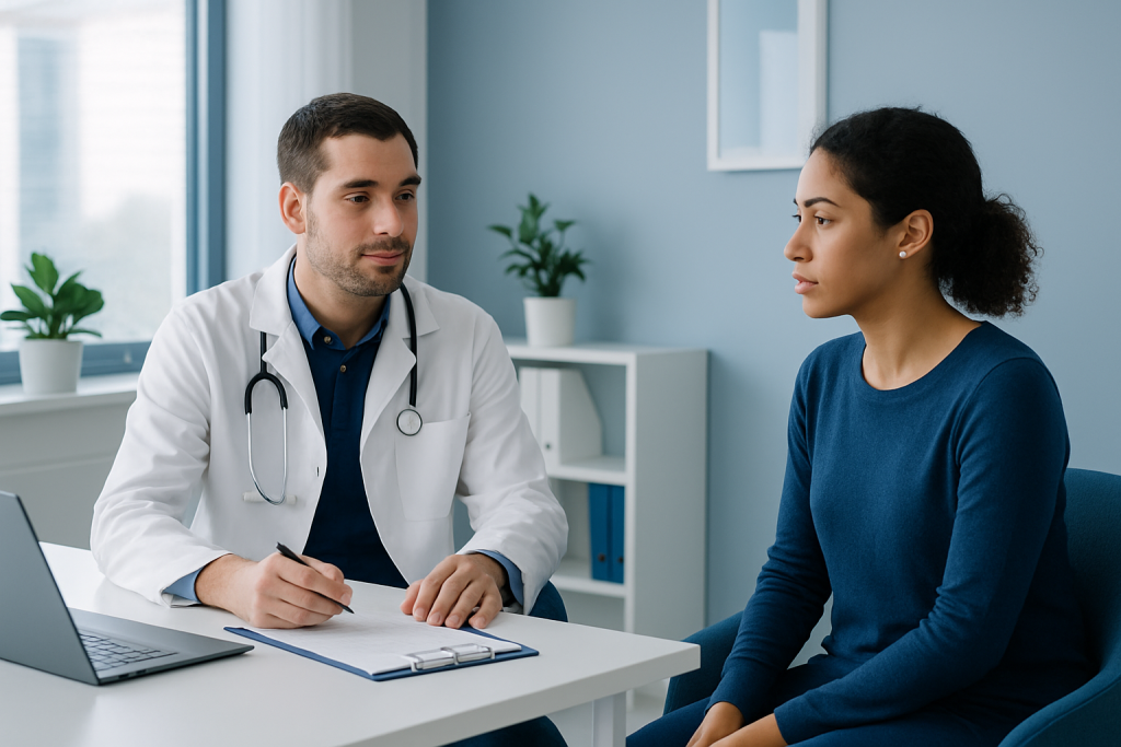 Doctor consulting a patient in a modern medical office setting.