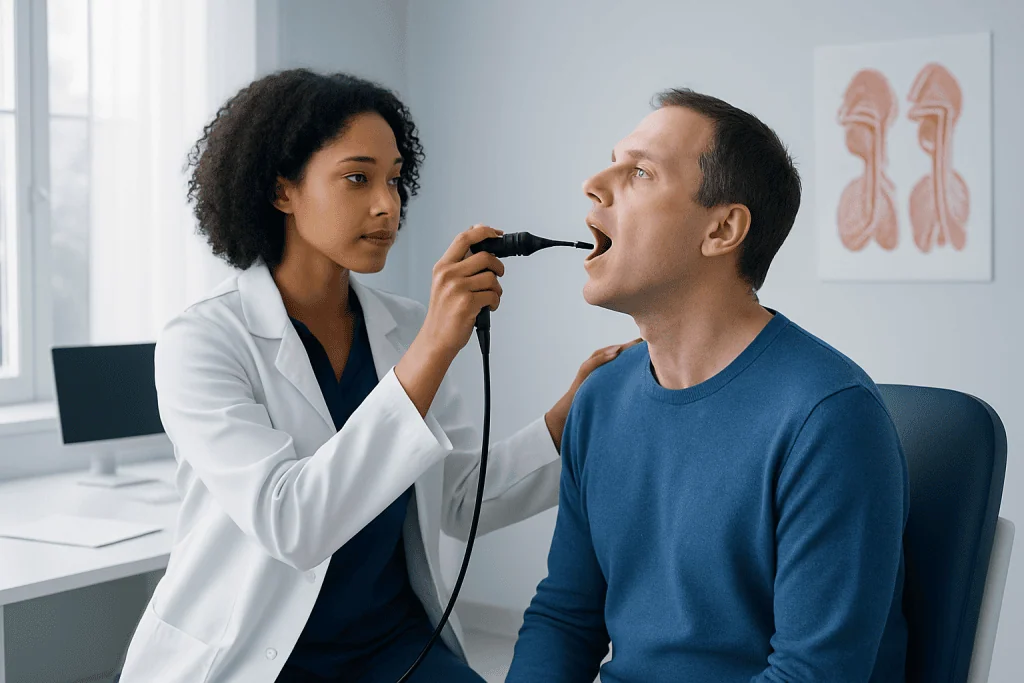 ENT specialist performs laryngoscopy on male patient in clinic.