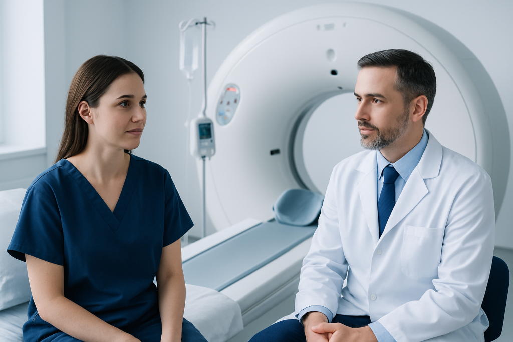 Doctor consulting with a patient in a hospital setting near an MRI machine.