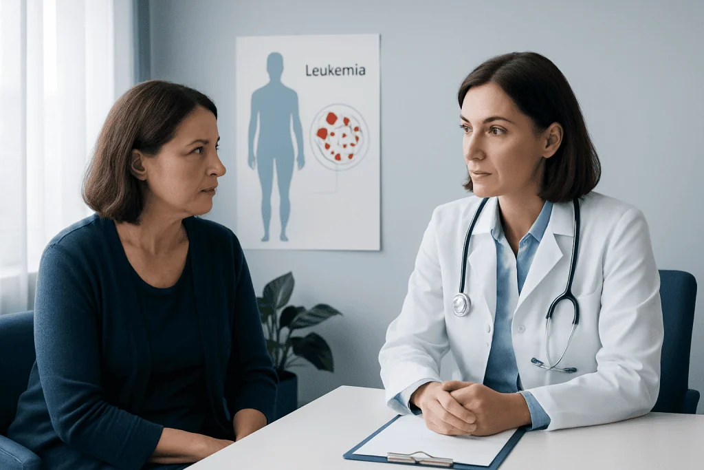 Doctor discussing leukemia symptoms with a patient in a clinic.