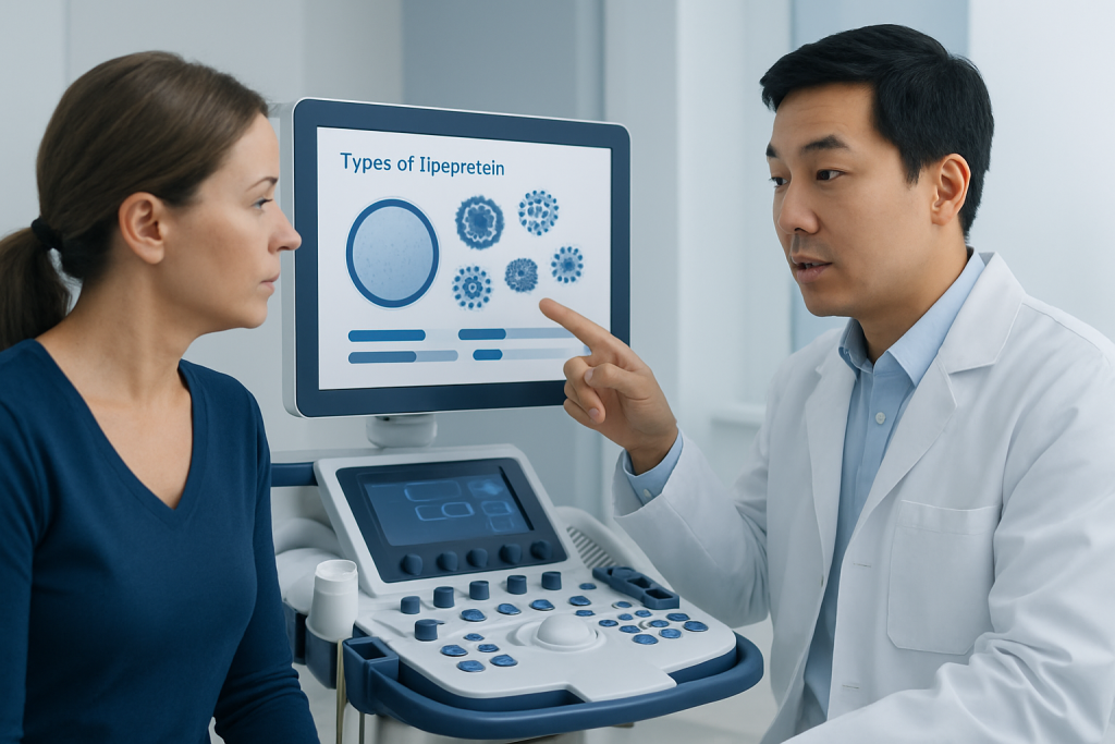 Medical professional explains lipoprotein types on monitor to patient.