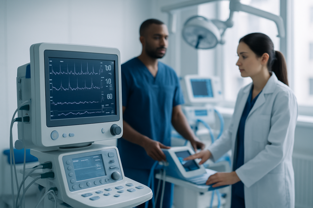Medical professionals monitoring patient in hospital ICU.