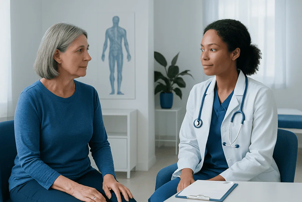 Doctor consulting with an elderly female patient in a medical office.