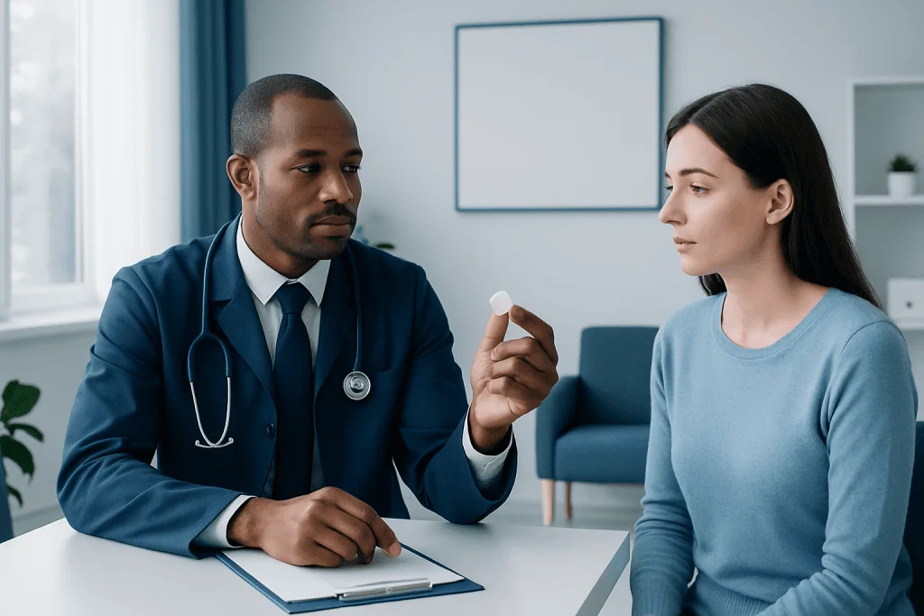Doctor explaining medication to a patient in a consultation room.