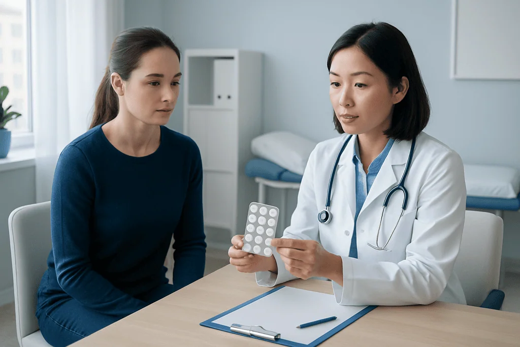 Doctor explaining sore throat lozenges to patient in clinic.