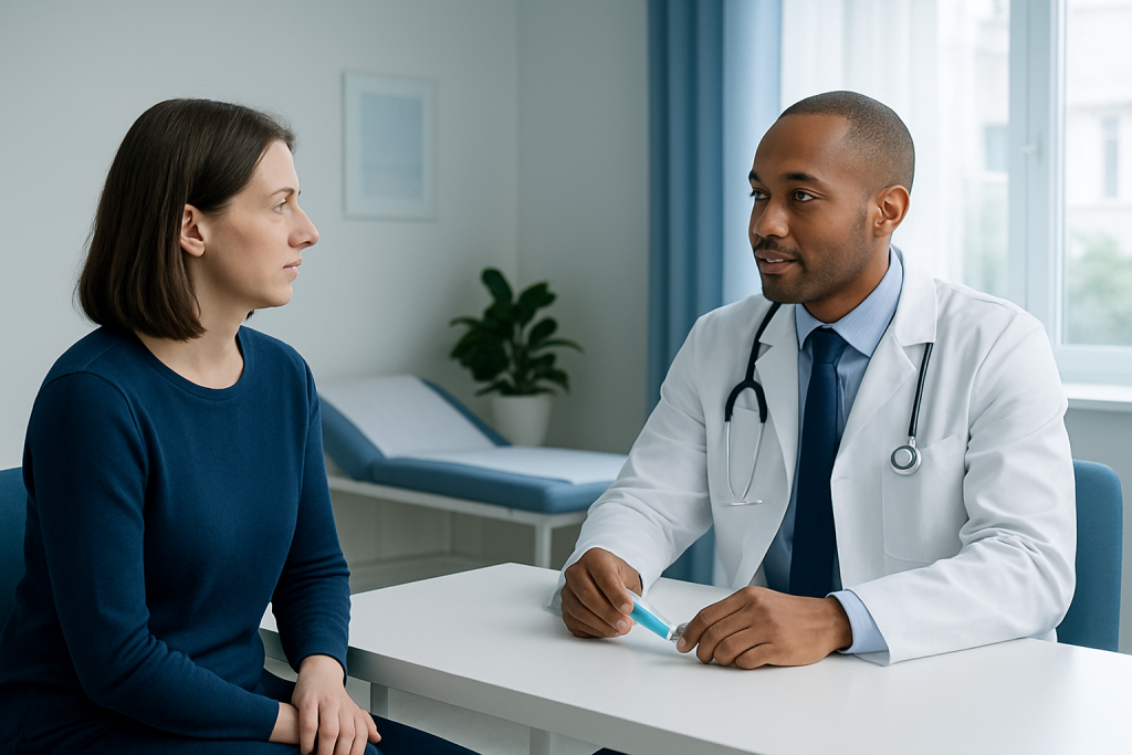 Doctor consulting with a female patient in a medical office.