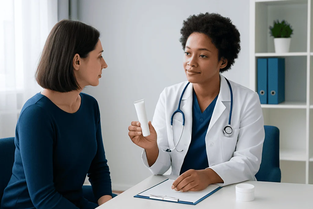 Doctor explaining vaginal lubricant options to a patient in a consultation room.