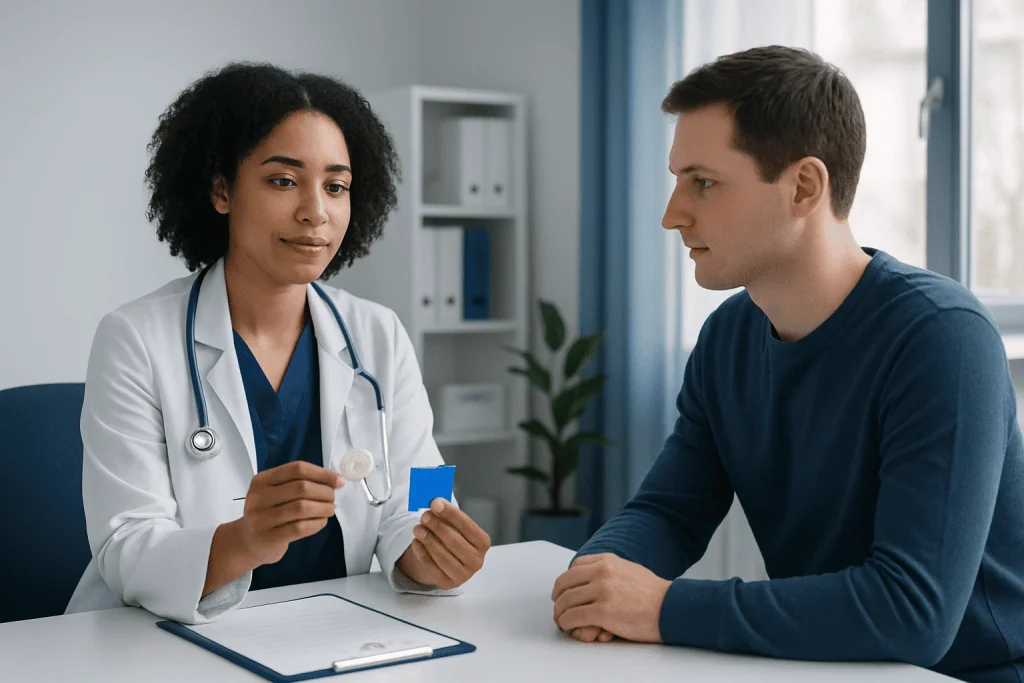 Doctor explaining condom use to patient in a consultation room.