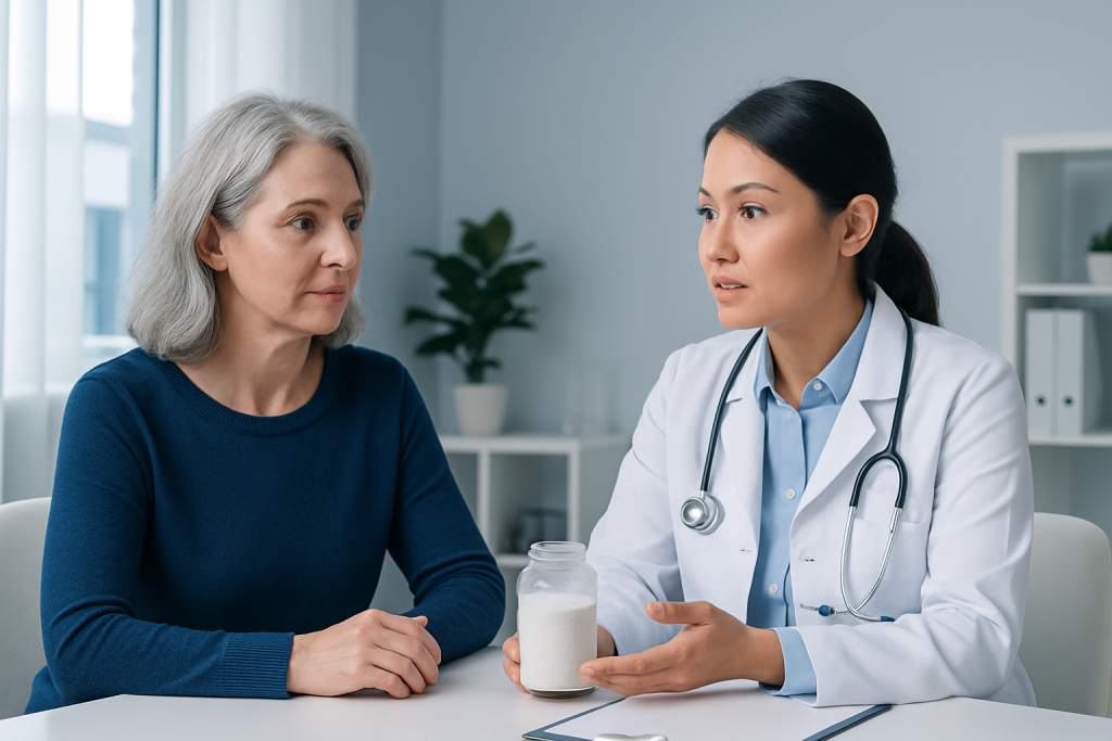 Doctor explaining magnesium supplement to a patient in a clinic setting.