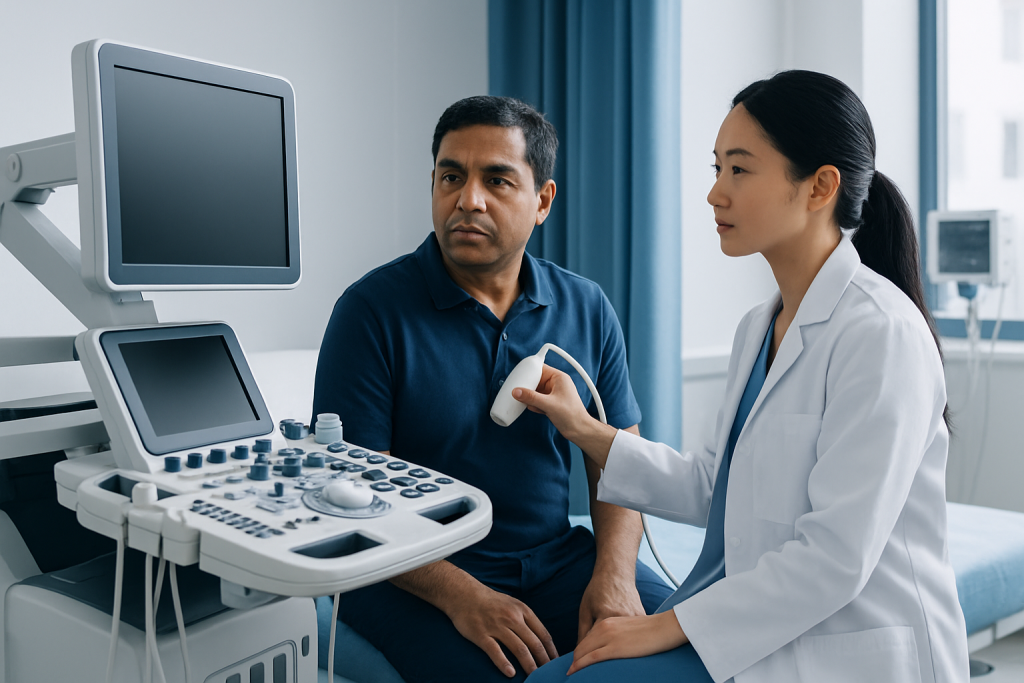 Doctor performing an ultrasound exam on a male patient in a hospital room.