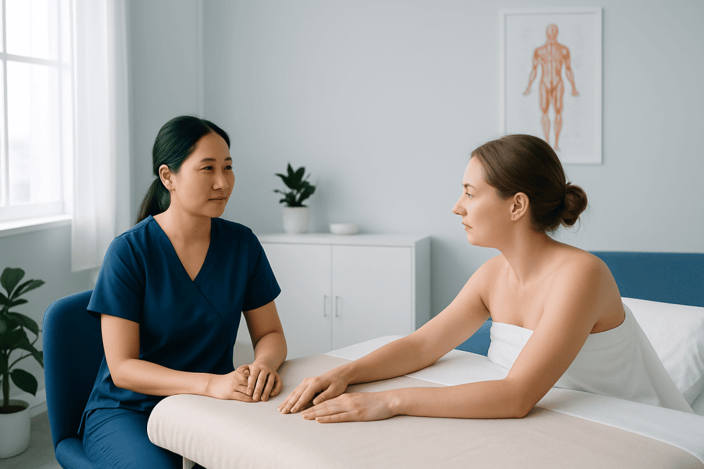 Medical consultation between a healthcare professional and a patient in a clinic room.