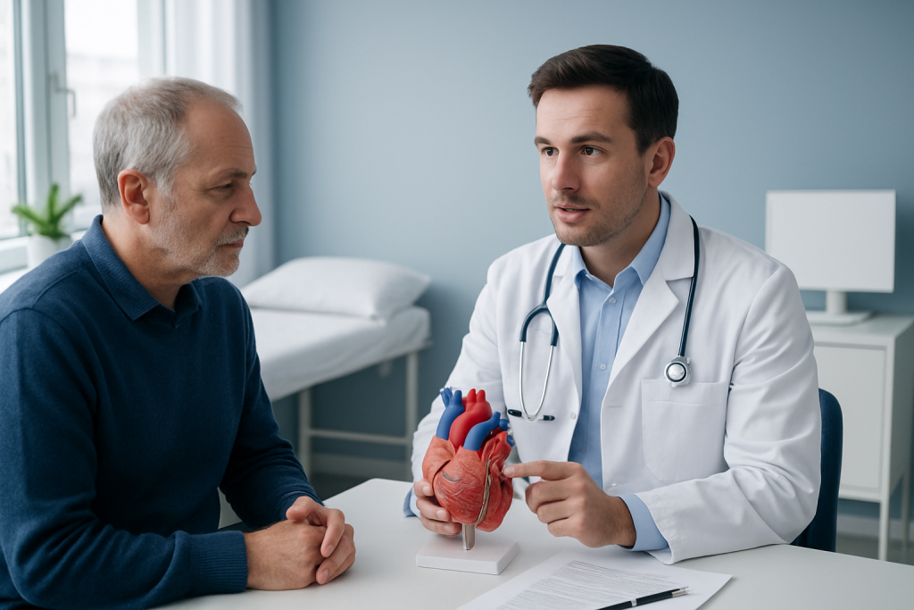 Cardiologist explaining heart model to patient in a medical consultation.