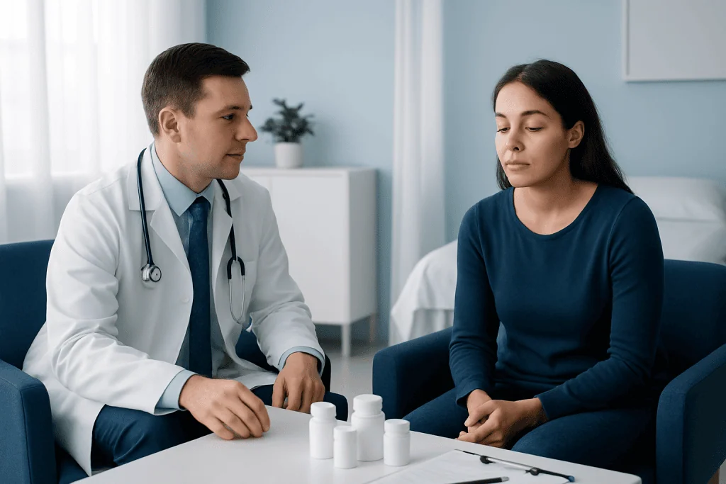 Doctor consulting with a patient about narcolepsy medications in a clinic.