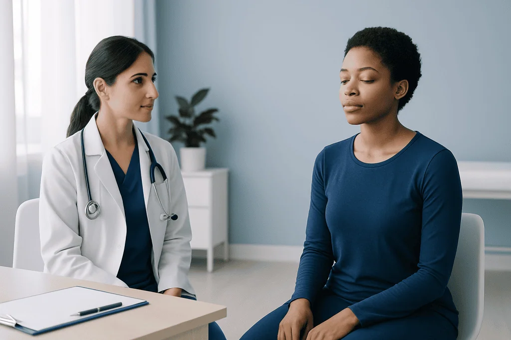 Doctor consulting a patient in a medical office setting.