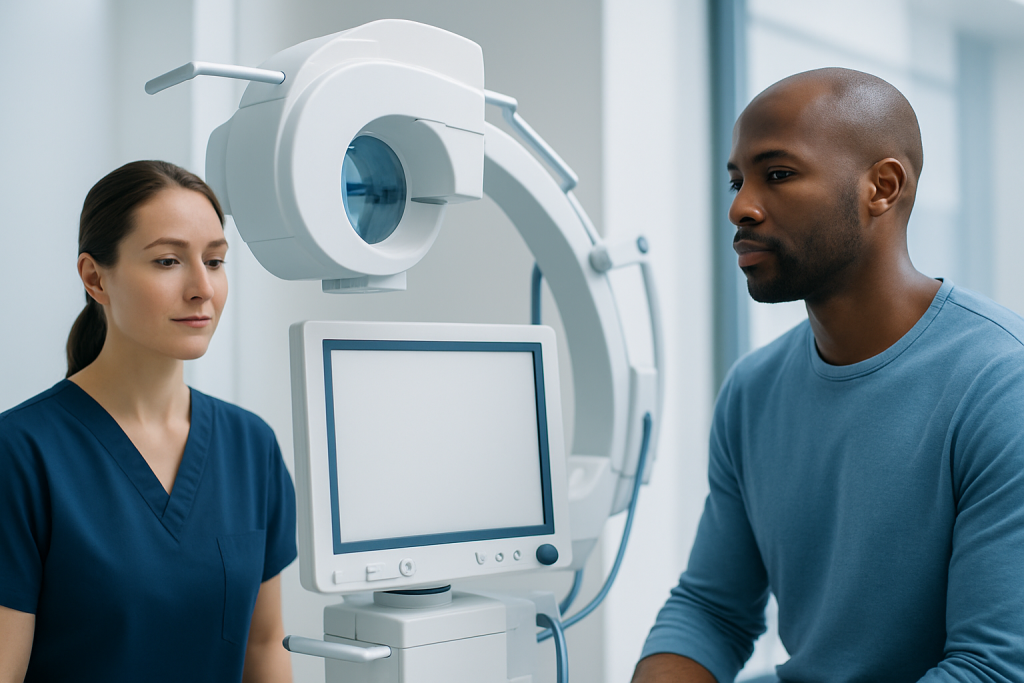 Medical professional and patient during eye examination at Acibadem Hospital.