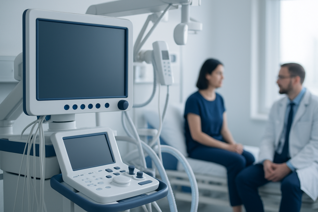 Medical consultation room with ultrasound equipment and doctor talking to patient.